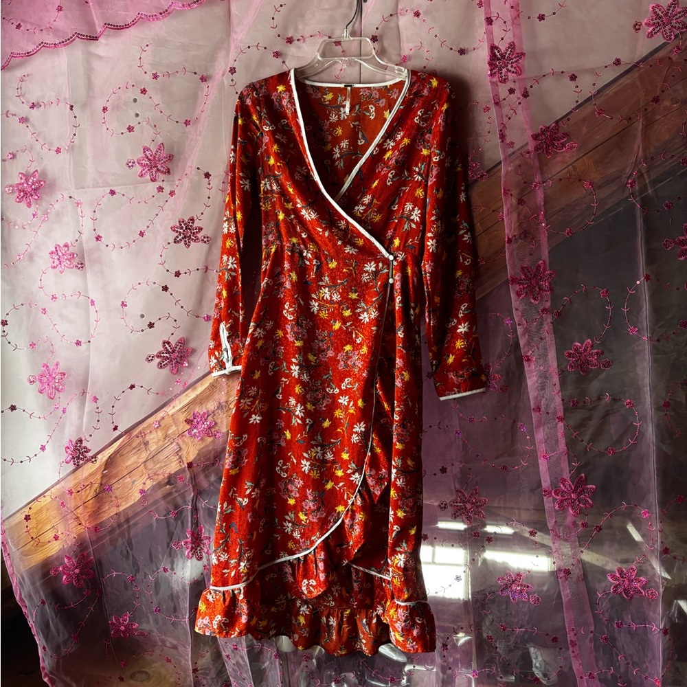 Free People Orange Wrap Sundress with Bishop Sleeves